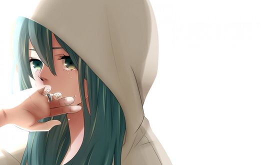 Обои на рабочий стол Vocaloid Hatsune Miku / Вокалоид Хатсуне Мику в капюшоне на голове плачет, приложив руку к лицу
