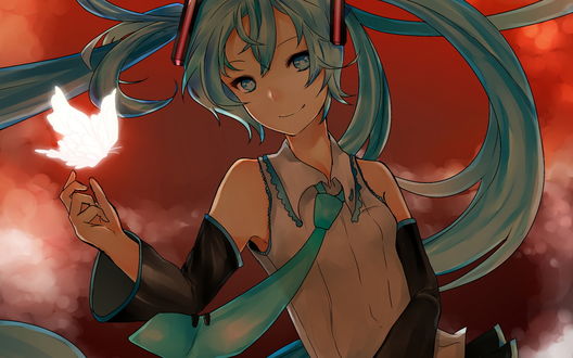 Обои на рабочий стол Улыбающаяся Vocaloid Hatsune Miku / Вокалоид Хатсуне Мику подняла вверх руку, на кончике пальца которой сидит светящаяся бабочка