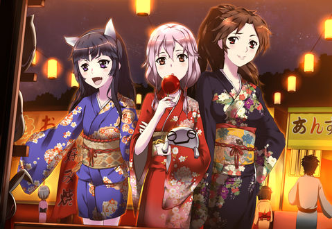 Обои на рабочий стол Цугуми / Tsugumi, Инори Юдзуриха / Uzuriha Inori и Аясэ Синомия / Ayase Sin, из аниме Корона вины / Guilty Crown в кимоно на празднике, Инори держит в руке маленького робота и ест яблоко в карамели