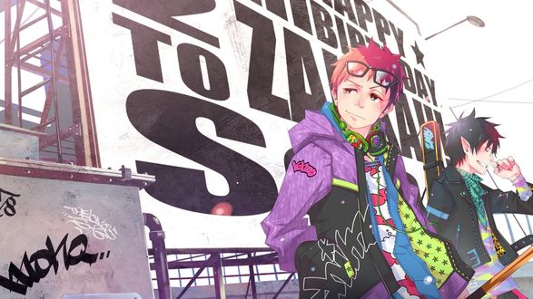 Обои на рабочий стол Стильно одетые персонажи из аниме Синий экзорцист / Ao no exorcist радостно стоят на фоне большого плаката на крыше