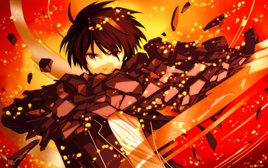Обои на рабочий стол Ouma Shu / Сю Ома из аниме Корона Грешника / Guilty Crown на огненном фоне