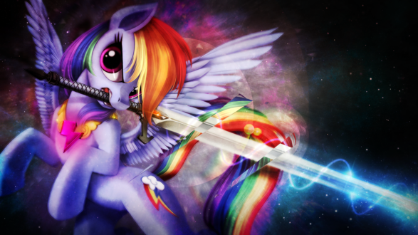Обои на рабочий стол Радуга Дэш / Rainbow Dash с мечом катаной на фоне ночного неба / арт к мультфильму My Little Pony: Friendship Is Magic