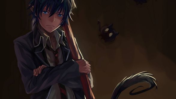 Обои на рабочий стол Рин Окумура / Rin Okumura держит в руках меч и задумчиво смотрит в сторону из аниме Синий Экзорцист / Ao no exorcist