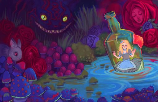 Обои на рабочий стол Alice / Алиса плывет в бутылке мимо белого кролика и Чеширского Кота из сказки Alice in Wonderland / Алиса в Стране Чудес