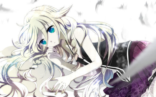 Обои на рабочий стол Vocaloid IA / Вокалоид Ия лежит под падающими перьями на белом фоне