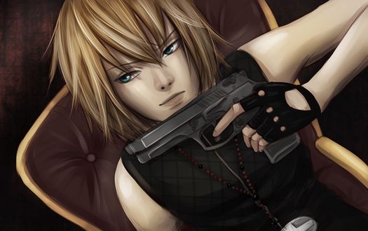 Обои на рабочий стол Мэлло / Mello, из аниме Тетрадь смерти / Death Note с пистолетом в руках