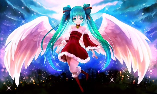 Обои на рабочий стол Vocaloid Hatsune Miku / Вокалоид Хатсуне Мику с крыльями за спиной в красном платье и красных сапожках, с колокольчиком на шее стоит, подняв согнутую в колене ногу