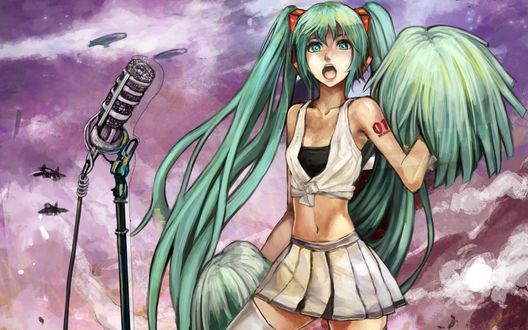 Обои на рабочий стол Vocaloid Hatsune Miku / Вокалоид Хатсуне Мику в форме болельщицы, с помпонами в руках стоит рядом с микрофоном, открыв рот