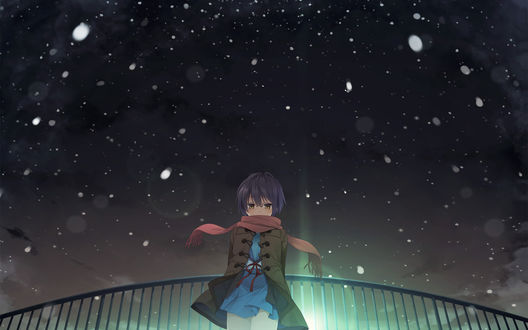 Обои на рабочий стол Юки Нагато / Yuki Nagato из аниме Меланхолия Харухи Судзумии / Melancholy of Haruhi Suzumiya стоит, держась руками за ограждение под падающим снегом