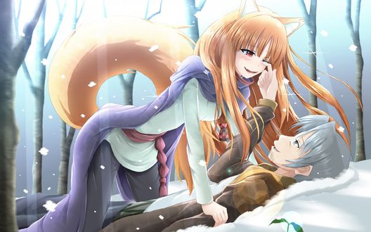 Обои на рабочий стол Хоро и Лоуренс из аниме Волчица и пряности / Spice and Wolf лежат на снегу на фоне деревьев