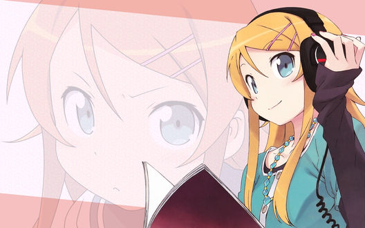 Обои на рабочий стол Кирино Косака / Kosaka Kirino, из аниме Моя младшая сестра не может быть такой милой / Ore no Imouto ga Konna ni Kawaii Wake ga Nai слушает музыку и читает книгу