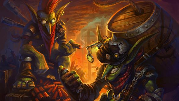 Обои на рабочий стол Гоблины с динамитом и бочонком пороха / арт к игре World Of Warcraft