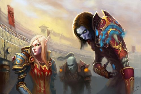 Обои на рабочий стол Кровавая эльфийка и отрекшиеся на арене / арт к игре World Of Warcraft