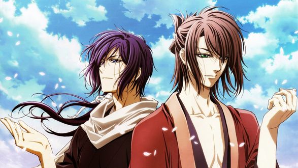 Обои на рабочий стол Хаджиме Сейто / Saitou Hajime и Окито Содзи / Okita Souji из аниме Демоны бледной сакуры / Hakuouki