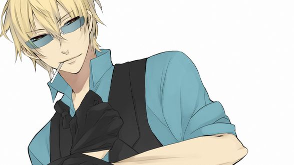 Обои на рабочий стол Heiwajima Shizuo / Хэйваджима Шизуо из аниме Durarara / DRRR / Дюрарара / Всадник без головы в очках держит во рту сигарету и надевает черную перчатку