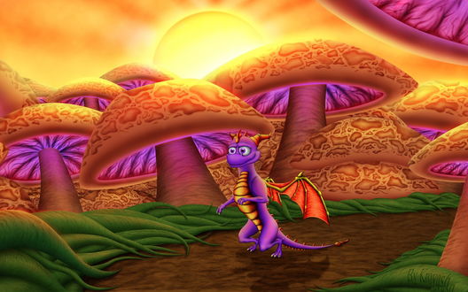 Обои на рабочий стол Сказочный дракончик Спайро / Spyro, идущий по дорожке в окружении огромных грибов на фоне ярко светящегося солнца