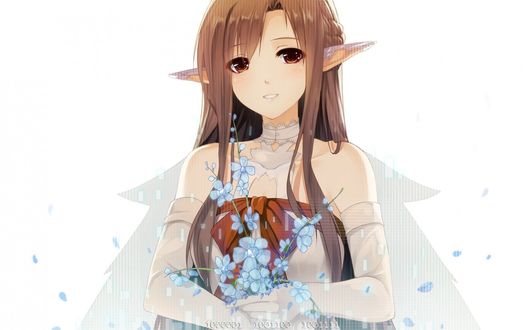 Обои на рабочий стол Асуна Юки / Asuna Yuuki из аниме Мастера Меча Онлайн / Sword Art Online с голубыми цветами в руках