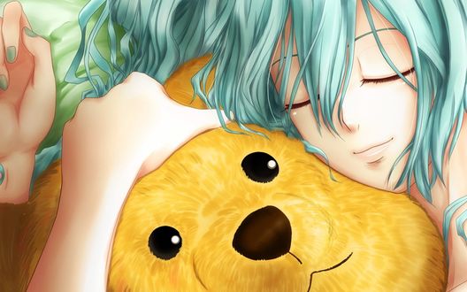 Обои на рабочий стол Vocaloid Hatsune Miku / Вокалоид Хатсуне Мику, закрыв глаза, обнимает плюшевого медведя