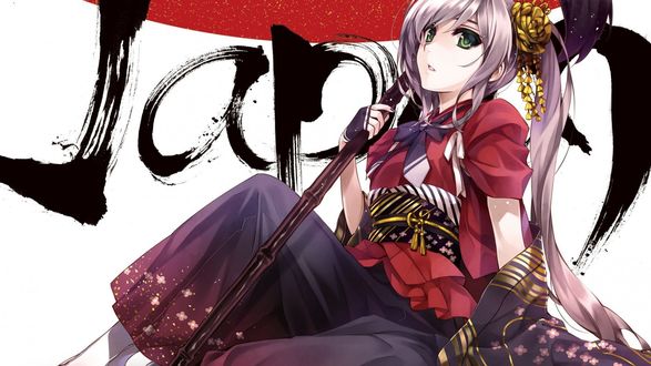 Обои на рабочий стол Девушка в кимоно сидя держит в руке посох (Japan / Япония)