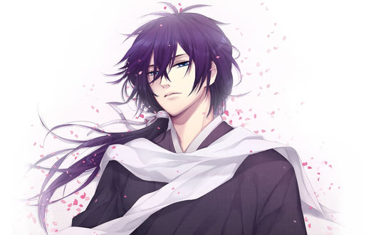 Обои на рабочий стол Saitou Hajime на фоне лепестков сакуры из аниме Hakuouki Shinsengumi Kitan / Сказание о демонах бледно-розовой сакуры
