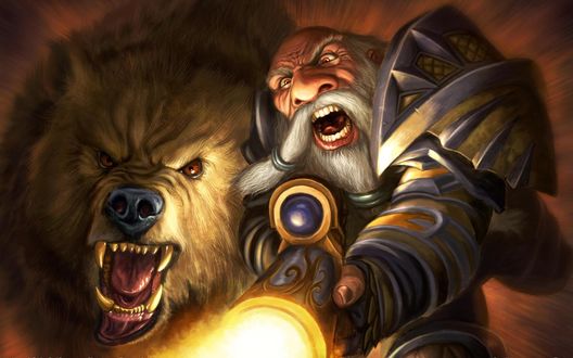Обои на рабочий стол Дворф охотник со своим медведем / арт к игре World Of Warcraft
