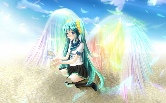 Обои на рабочий стол Vocaloid Hatsune Miku / Вокалоид Хатсуне Мику с радужными крыльями за спиной сидит в куче конвертов, вытянув руки, над которыми летает пузырь с конвертом внутри