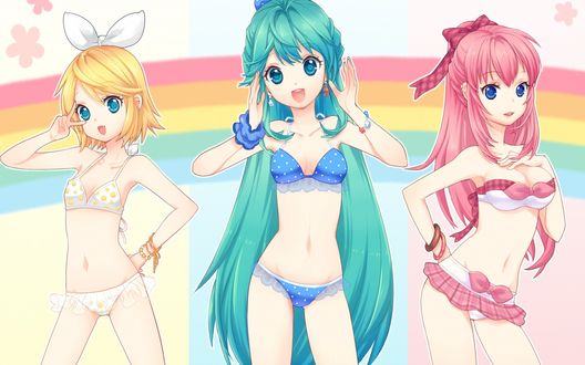 Обои на рабочий стол Воколоиды Hatsune Miku / Хатсуне Мику, Megurine Luka / Мегурине Лука и Kagamine Rin / Кагамине Рин, одетые в купальники стоят на фоне радуги