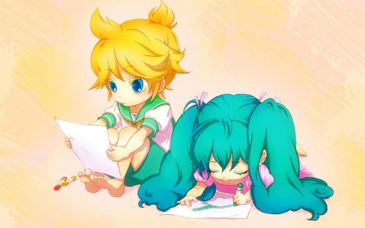 Обои на рабочий стол Маленькие воколоиды Kagamine Rin / Кагамине Рин и Hatsune Miku / Hatsune Miku / Хатсуне Мику