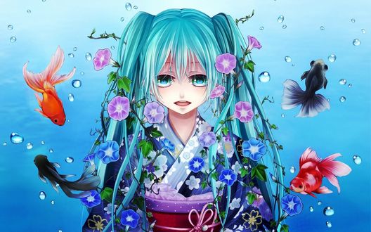 Обои на рабочий стол Vocaloid Hatsune Miku / Вокалоид Хатсуне Мику, одетая в кимоно стоит под водой, рядом плавают рыбки