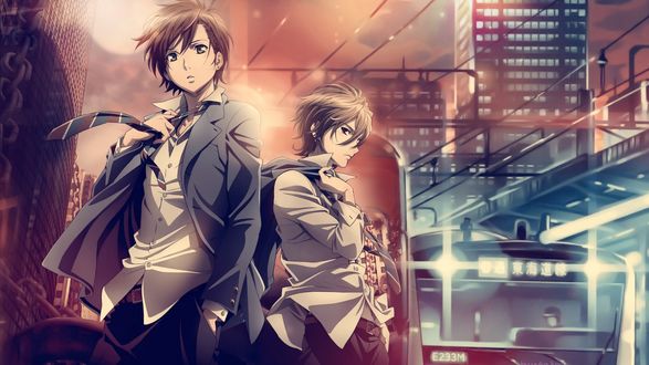 Обои на рабочий стол Mahiro Fuma и Yoshino Tokigawa в школьной форме стоят на автобусной остановке и смотрят в сторону на фоне вечернего города, аниме Zetsuen no Tempest / Буря потерь