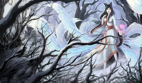 Обои на рабочий стол Ашри / Ahri из игры Лига Легенд / League of Legends колдует, стоя в лесу среди деревьев