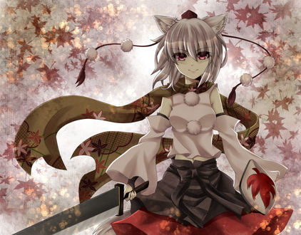 Обои на рабочий стол Inubashiri Momiji / Момидзи Инубашири из игры Тохо / Touhou с мечом в руке