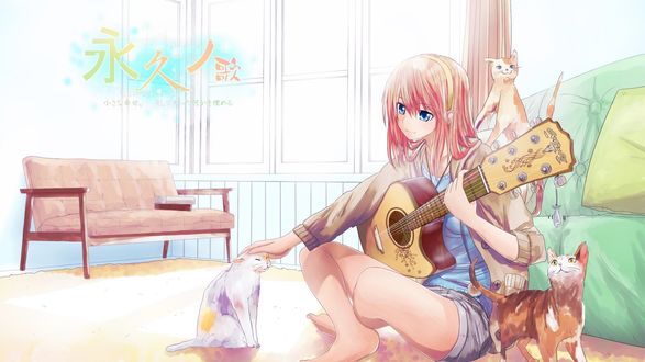 Обои на рабочий стол Vocaloid Megurin Luka, сидя на полу с гитарой, гладит кошку