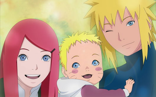 Обои на рабочий стол Кушина / Kushina и Минато / Minato с маленьким Наруто / Naruto на руках из Наруто / Naruto