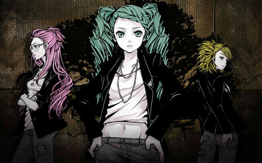 Обои на рабочий стол Арт на вокалоидов Hatsune Miku / Хатсуне Мику, Megurine Luka / Мегурине Лука и Kagamine Rin / Кагамине Рин