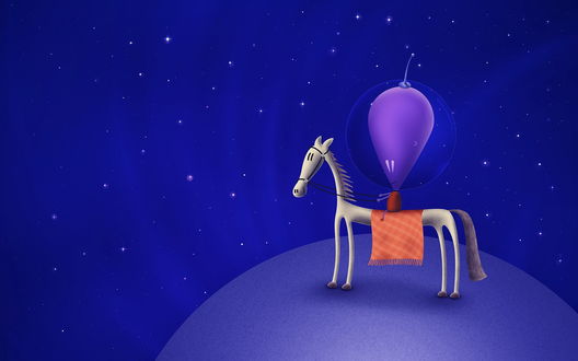 Обои на рабочий стол Инопланетное существо, сидящее верхом на белой лошади на оранжевой попоне, находящиеся на планете в космическом пространстве
