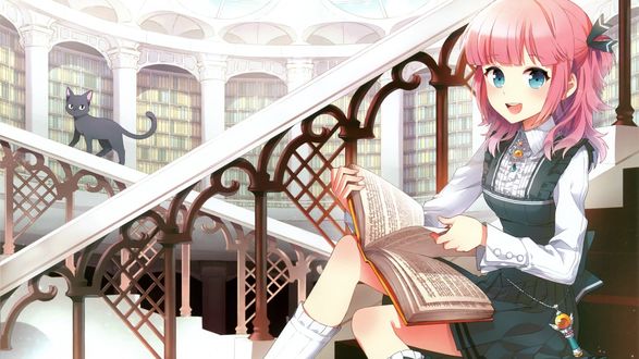 Обои на рабочий стол Девушка сидя на лестнице читая книгу, а за ней черный кот смотрящий на девушку