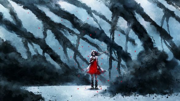 Обои на рабочий стол Девушка в красном платье безразлично читая книгу стоит на фоне темного леса