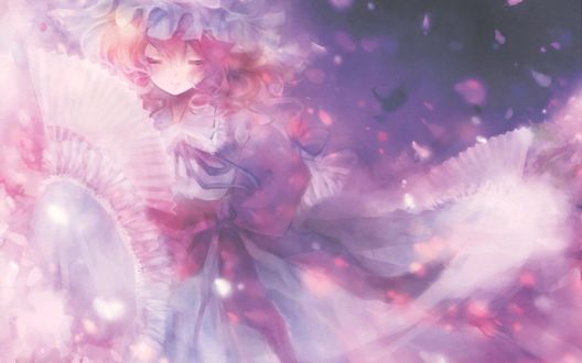 Обои на рабочий стол Yuyuko Saigyouji с закрытыми глазами танцует с веерами из игры Touhou / Проект Восток