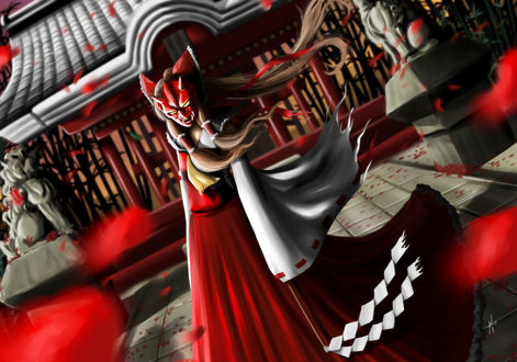 Обои на рабочий стол Hakurei Reimu в маске на лице танцует перед храмом под падающими лепестками из игры Touhou Project