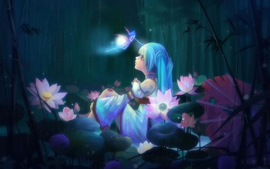 Обои на рабочий стол Vocaloid Hatsune Miku / Вокалоид Хатсуне Мику сидит в лесу среди цветов, над ней парит фея