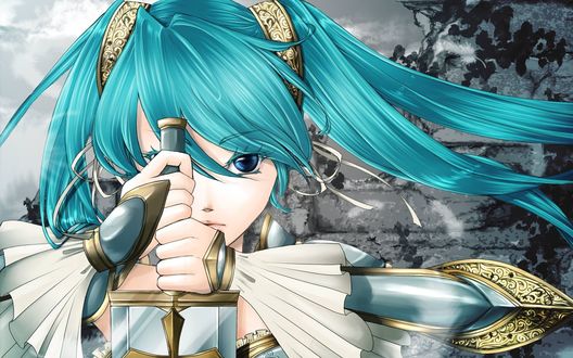 Обои на рабочий стол Vocaloid Hatsune Miku / Вокалоид Хатсуне Мику с мечом в руках в образе Saber из аниме Fate / Zero / Судьба / Начало