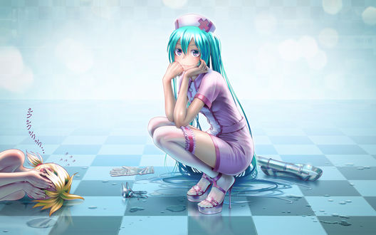 Обои на рабочий стол Vocaloid Hatsune Miku / Вокалоид Хатсуне Мику в форме медсестры сидит на корточках, рядом на полу лежит Len Kagamine / Лен Кагамине, закрыв лицо руками