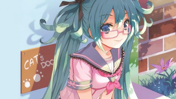 Обои на рабочий стол Vocaloid Hatsune Miku / Вокалоид Хатсуне Мику улыбчиво смотрит в сторону