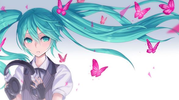Обои на рабочий стол Vocaloid Hatsune Miku / Вокалоид Хатсуне Мику держит в руках наушники на фоне розовых бабочек