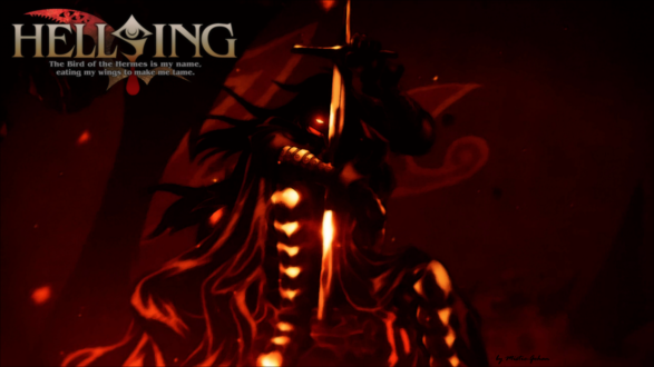 Обои на рабочий стол Алукард / Alucard из аниме Хеллсинг / Hellsing сидит в доспехах с мечом в руках