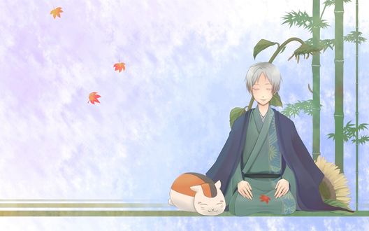 Обои на рабочий стол Нацуме Такаши / Natsume Takashi и Nyanko-sensei / Нянко-сенсей из аниме Тетрадь дружбы Нацуме / Natsume Book of Friendship / Natsume Yuujinchou
