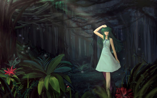 Обои на рабочий стол Сая из визуальной новеллы Песнь Саи / Saya no Uta стоит в лесу