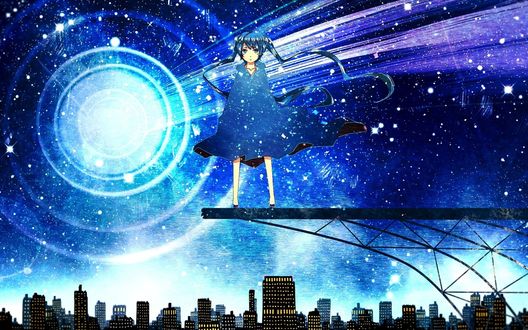 Обои на рабочий стол Vocaloid Hatsune Miku / Вокалоид Хатсуне Мику стоит на железной вышке на фоне ночного неба