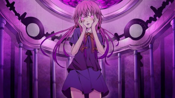 Обои на рабочий стол Yuno Gasai / Юно Гасай из аниме Дневник Будущего / Future Diary / Mirai Nikki держится руками за лицо